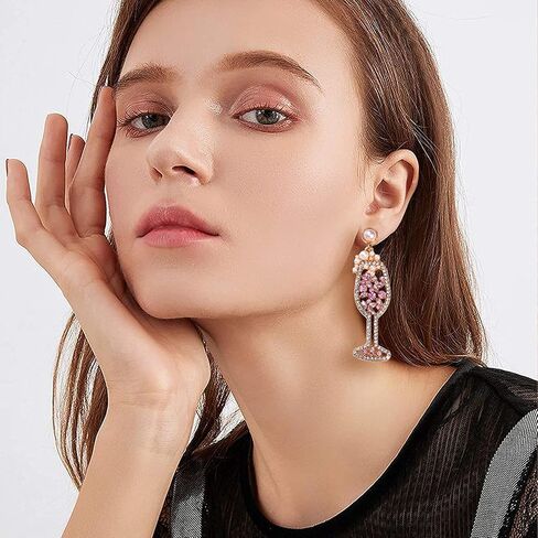 Champagne Wine Glass Earrings-Handmade Champagne Flute Earrings -Charm Rhinestone Crystal Pearl beaded Drop Dangle Earrings- Cute Pretty Earrings For Woman in Kuwait