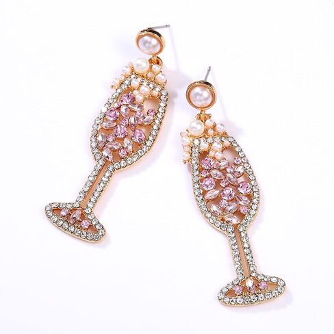 Champagne Wine Glass Earrings-Handmade Champagne Flute Earrings -Charm Rhinestone Crystal Pearl beaded Drop Dangle Earrings- Cute Pretty Earrings For Woman in Kuwait