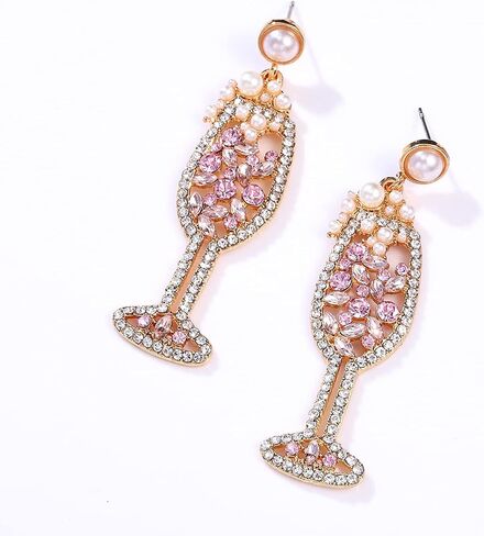 Champagne Wine Glass Earrings-Handmade Champagne Flute Earrings -Charm Rhinestone Crystal Pearl beaded Drop Dangle Earrings- Cute Pretty Earrings For Woman in Kuwait