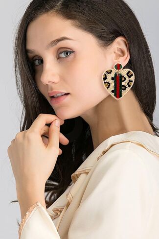 Beaded Dangle Earrings for Women Leopard Pattern Bead Heart Earrings Boho Statement Drop Earring Studs for Holiday Birthday Valentine’s Day Gifts in Saudi Arabia