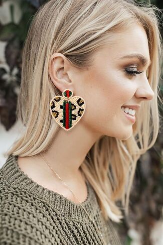 Beaded Dangle Earrings for Women Leopard Pattern Bead Heart Earrings Boho Statement Drop Earring Studs for Holiday Birthday Valentine’s Day Gifts in Saudi Arabia