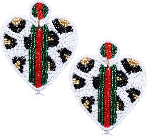 Beaded Dangle Earrings for Women Leopard Pattern Bead Heart Earrings Boho Statement Drop Earring Studs for Holiday Birthday Valentine’s Day Gifts in Kuwait