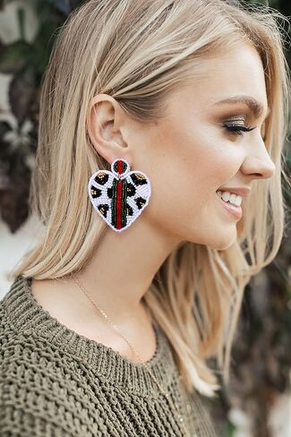 Beaded Dangle Earrings for Women Leopard Pattern Bead Heart Earrings Boho Statement Drop Earring Studs for Holiday Birthday Valentine’s Day Gifts in Kuwait