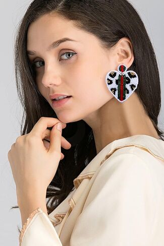 Beaded Dangle Earrings for Women Leopard Pattern Bead Heart Earrings Boho Statement Drop Earring Studs for Holiday Birthday Valentine’s Day Gifts in Kuwait