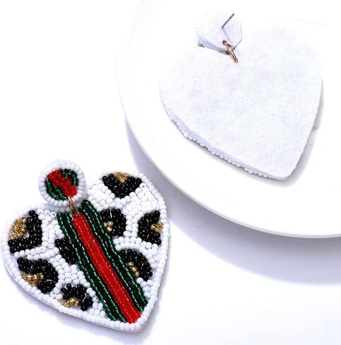 Beaded Dangle Earrings for Women Leopard Pattern Bead Heart Earrings Boho Statement Drop Earring Studs for Holiday Birthday Valentine’s Day Gifts in Kuwait