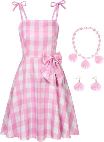 QUJQOM Adult 2023 Movie Heroine Costume Women Halloween Costume Pink Plaid Dress Heroine Cosplay Outfits with Accessories in Kuwait