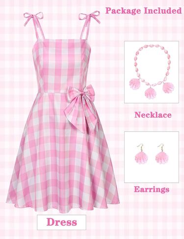 QUJQOM Adult 2023 Movie Heroine Costume Women Halloween Costume Pink Plaid Dress Heroine Cosplay Outfits with Accessories in Kuwait
