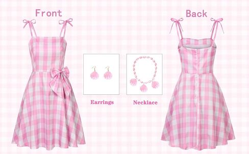 QUJQOM Adult 2023 Movie Heroine Costume Women Halloween Costume Pink Plaid Dress Heroine Cosplay Outfits with Accessories in Kuwait