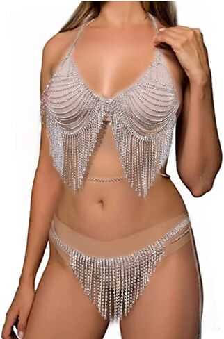 STONEFANS شرابة حجر الراين الملابس الداخلية الجسم سلاسل البدلة مثير كريستال بيكيني الصدرية سراويل مجموعة الطبقات الخصر سلسلة الجسم مجوهرات اكسسوارات للنساء in Kuwait