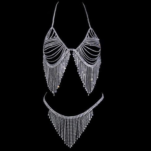 STONEFANS شرابة حجر الراين الملابس الداخلية الجسم سلاسل البدلة مثير كريستال بيكيني الصدرية سراويل مجموعة الطبقات الخصر سلسلة الجسم مجوهرات اكسسوارات للنساء in Kuwait