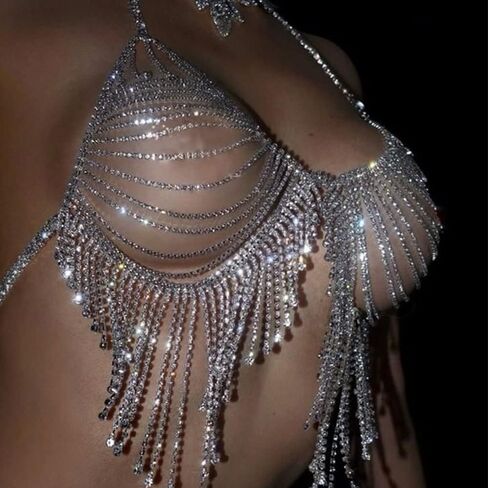 STONEFANS شرابة حجر الراين الملابس الداخلية الجسم سلاسل البدلة مثير كريستال بيكيني الصدرية سراويل مجموعة الطبقات الخصر سلسلة الجسم مجوهرات اكسسوارات للنساء in Kuwait