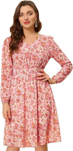 Allegra K Women's Valentine's Day Floral Print V-Neck Dress Smocked Waist Midi Dress in Kuwait