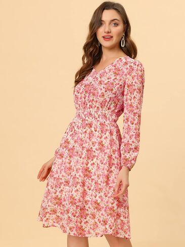Allegra K Women's Valentine's Day Floral Print V-Neck Dress Smocked Waist Midi Dress in Kuwait