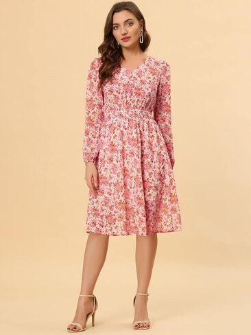 Allegra K Women's Valentine's Day Floral Print V-Neck Dress Smocked Waist Midi Dress in Kuwait
