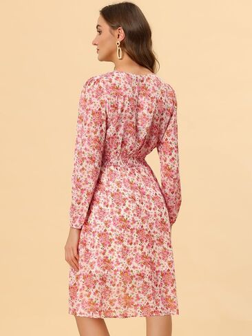 Allegra K Women's Valentine's Day Floral Print V-Neck Dress Smocked Waist Midi Dress in Kuwait