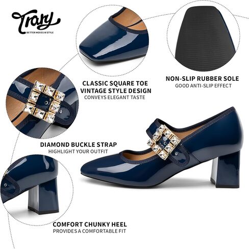 Trary Mary Janes Chunky Mid Heel Pumps, Closed Square Toe Block Heels, Mary Janes Pumps for Women in Saudi Arabia
