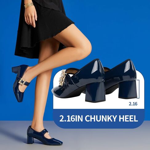 Trary Mary Janes Chunky Mid Heel Pumps, Closed Square Toe Block Heels, Mary Janes Pumps for Women in Saudi Arabia