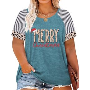 حجم كبير قمصان عيد ميلاد سعيد النساء ليوبارد طباعة مخطط الربط القمم قصيرة الأكمام عيد الميلاد تيز (2X-5X) in Kuwait