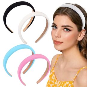 Wecoe 4 Pack Padded Headbands Fashion Headbands for Women Non Slip Soft Thick Comfortable Headbands Kids Cute Light Blue Black Pink White Headband Aesthetic Y2K Hair Accessories for Women Girls(Set 1)