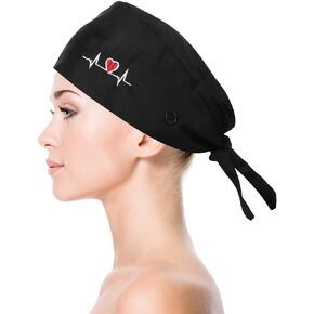 Lusofie Adjustable Working Cap with Button Sweatband Surgical Cap Nurse Hat Cotton Ponytail Holder Scrub Caps Tie Back Hats for Women Men