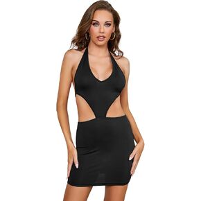WDIRARA Women's Halter Backless Cut Out Tie Back Sleeveless Bodycon Mini Dress