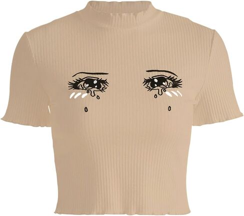 malianna Women Eyes Embroidery T-Shirts Harajuku Kawaii Short Sleeve Crop Tees in Kuwait