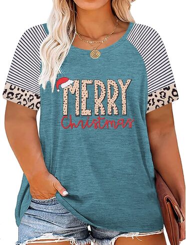 حجم كبير قمصان عيد ميلاد سعيد النساء ليوبارد طباعة مخطط الربط القمم قصيرة الأكمام عيد الميلاد تيز (2X-5X) in Kuwait