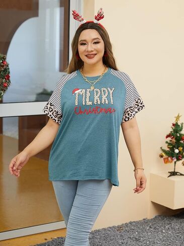 حجم كبير قمصان عيد ميلاد سعيد النساء ليوبارد طباعة مخطط الربط القمم قصيرة الأكمام عيد الميلاد تيز (2X-5X) in Kuwait