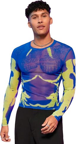 WDIRARA Men's Mesh Shirts Long Sleeve Rave See Through Tee Crewneck Party Club Wear Top in Kuwait