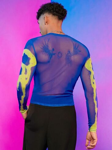 WDIRARA Men's Mesh Shirts Long Sleeve Rave See Through Tee Crewneck Party Club Wear Top in Kuwait
