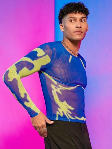 WDIRARA Men's Mesh Shirts Long Sleeve Rave See Through Tee Crewneck Party Club Wear Top in Kuwait