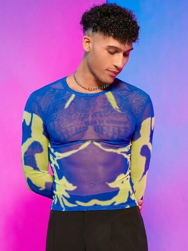 WDIRARA Men's Mesh Shirts Long Sleeve Rave See Through Tee Crewneck Party Club Wear Top in Kuwait