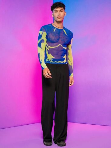 WDIRARA Men's Mesh Shirts Long Sleeve Rave See Through Tee Crewneck Party Club Wear Top in Kuwait