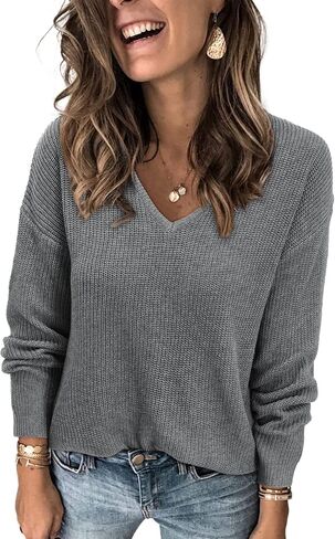 II ININ Women's Sweater Fall Fashion 2023 Trendy Casual V Neck Long Sleeve Knit Tops Loose Pullover Sweater in Kuwait