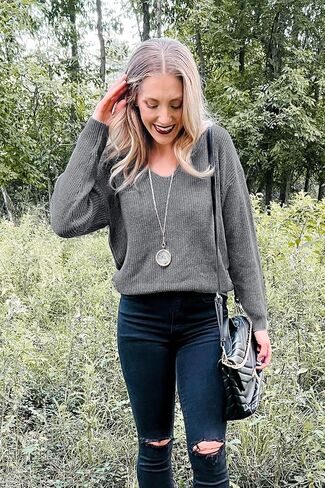 II ININ Women's Sweater Fall Fashion 2023 Trendy Casual V Neck Long Sleeve Knit Tops Loose Pullover Sweater in Kuwait
