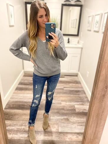 II ININ Women's Sweater Fall Fashion 2023 Trendy Casual V Neck Long Sleeve Knit Tops Loose Pullover Sweater in Kuwait