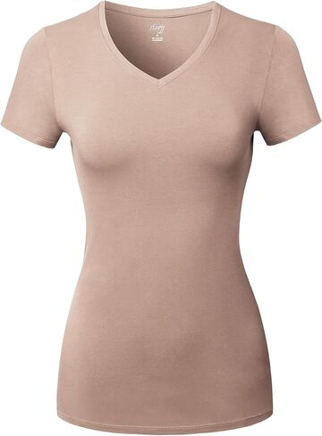 STARJJ Womens Basic Active Strethcy Slim Fit Bodycon V-Neck & Crewneck Short Sleeve T-Shirt Top (S-XL) in Kuwait