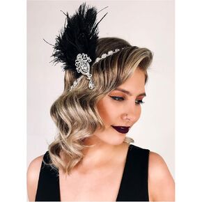SWEETV 1920s Feather Headpiece Black, Womens Ostrich Feather Crystal Headband, Great Gatsby Hair Accessories for Women, Ribbon Tie