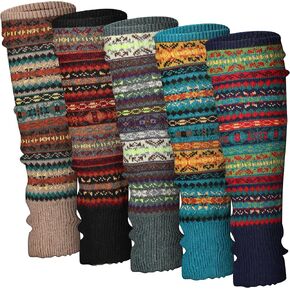 5 Pairs Boho Long Leg Warmers for Women Girls Winter Wool Bohemian Leg Warmers with Crochet Flowers for Winter Xmas