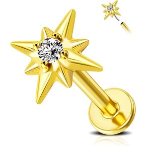 JEWSEEN 14K Solid Gold Anise Star Cartilage Stud Earrings for Women 16g Push in Threadless Flat Back Earrings G23 Titanium Helix Piercing Jewelry Conch Earring Tragus Piercing Jewelry