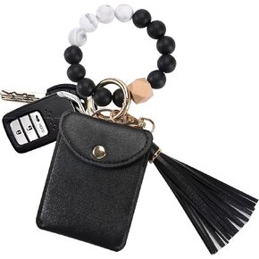 SZUSHINE Keychain Purse Wristlet, Silicone Beaded Key Ring Bracelet with Card Wallet Elastic Keyring Bangle For Womens (Blue)