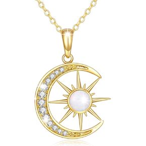 14K Gold Moon Necklace for Women Real Yellow Gold Crescent Moon and Star Opal Pendant Necklace Jewelry Gifts for Girls Wife Daughter Girlfriend Mother
