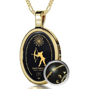Sagittarius Necklace Zodiac Pendant for Birthdays 23rd November to 21st December September May Star Sign and Personality Characteristics Pure Gold Inscribed in Miniature Details on Onyx, 18" Rolo Chain