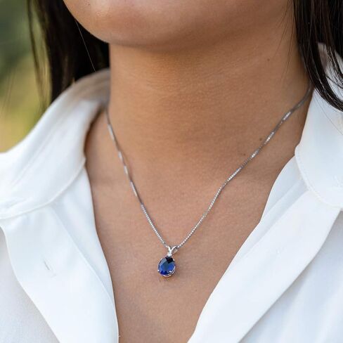 Peora 14K White Gold Created Blue Sapphire with Genuine Diamond Pendant for Wome, Elegant Solitaire, 3.65 Carats Oval Shape 10x8mm in Saudi Arabia