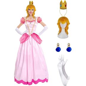 فستان Jiobabe Princess Peach المُصمم للنساء البالغات أزياء الهالوين Super Brothers Cosplay مع قفازات أقراط على شكل تاج شعر مستعار in Kuwait