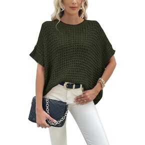 Jumppmile Women's Short Sleeve Waffle Knit Batwing Sleeve Sweater Pullover Sleeveless Oversized Sweater