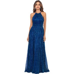 Betsy & Adam Women's Long Metallic Sleeveless Halter Neck Wrap Overlay Gown