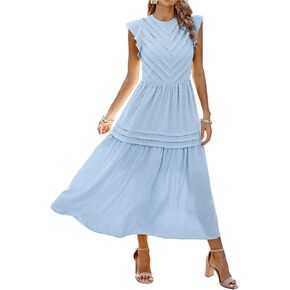 فستان ماكسي صيفي نسائي من Angashion فستان كاجوال بياقة دائرية وأكمام قصيرة سويسرية منقط تيرد مطوي ومتين طويل فستان الشمس المتزلج in Kuwait