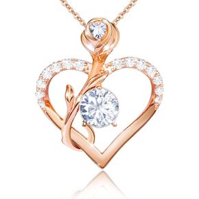 Beauyist 925 Sterling Silver Heart Necklace for Women & Girls, Rose Gold Birthstone Necklace for Women, Flower Rose Heart Pendant Necklace, 2023 Birthday Love Jewelry Gift for Mom/Wife/Her
