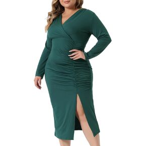 Agnes Orinda Plus Size Dresses for Women Long Sleeve V Neck Ruched Slit Hem Cocktail Bodycon Dress